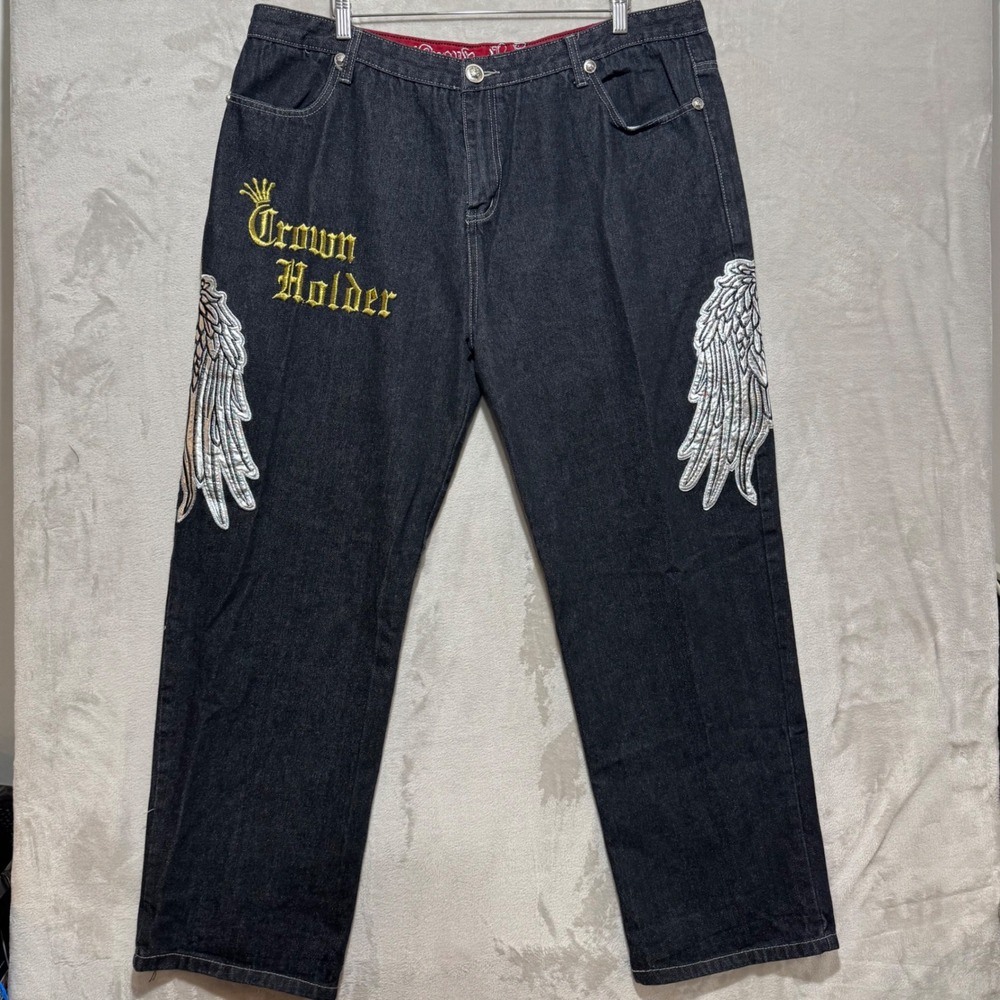Crown Holder Mens Black Denim Embroidered Wings Face Jeans Size 42x30 HipHop Y2K